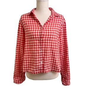 J Crew Gingham Buttonup Shirt Womens M Red White Cottagecore Picnic Rodeo Preppy